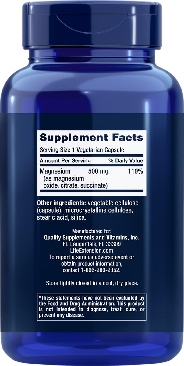 Life Extension Magnesium Kapseln 500 mg, 270 vegane Kapseln - Breitband-Magnesium mit 3 Formen: Oxid, Citrat, Succinat - Vegetarisch