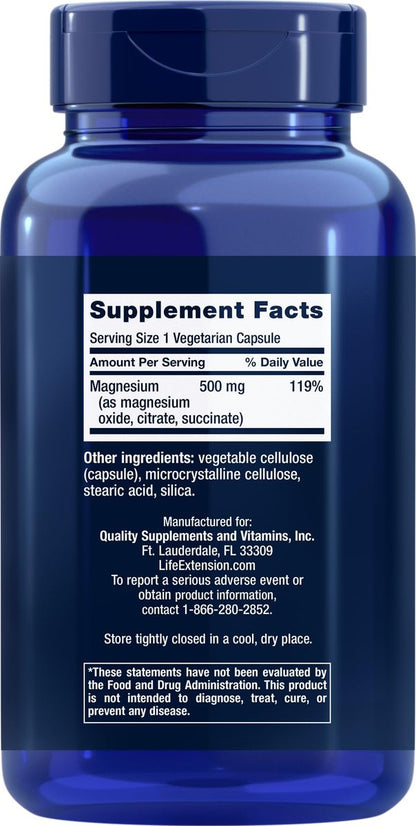 Life Extension Magnesium Kapseln 500 mg, 270 vegane Kapseln - Breitband-Magnesium mit 3 Formen: Oxid, Citrat, Succinat - Vegetarisch