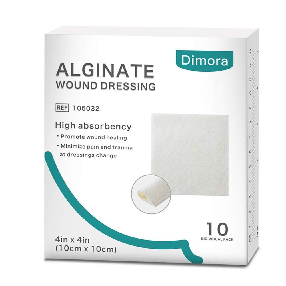 Dimora Calcium-Alginat-Wundverband, 10 x 10 cm, 10 einzeln sterile Pads, weich und hochsaugfähig, nicht haftend
