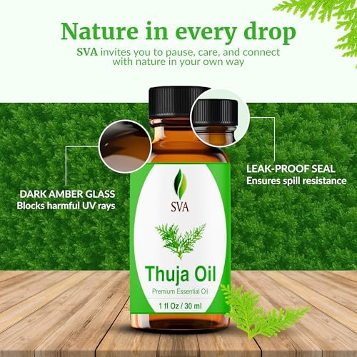 SVA Thuja Öl – 30 ml – 100% reines Thujaöl für Diffuser, Haarpflege, Gesicht, Hautpflege, Aromatherapie, Kopfhaut- und Körpermassage, Seifen- und Kerzenherstellung – mit Pipette