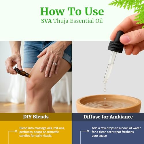 SVA Thuja Öl – 30 ml – 100% reines Thujaöl für Diffuser, Haarpflege, Gesicht, Hautpflege, Aromatherapie, Kopfhaut- und Körpermassage, Seifen- und Kerzenherstellung – mit Pipette