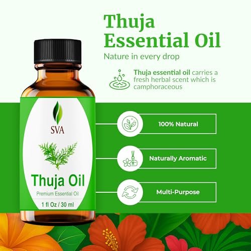 SVA Thuja Öl – 30 ml – 100% reines Thujaöl für Diffuser, Haarpflege, Gesicht, Hautpflege, Aromatherapie, Kopfhaut- und Körpermassage, Seifen- und Kerzenherstellung – mit Pipette