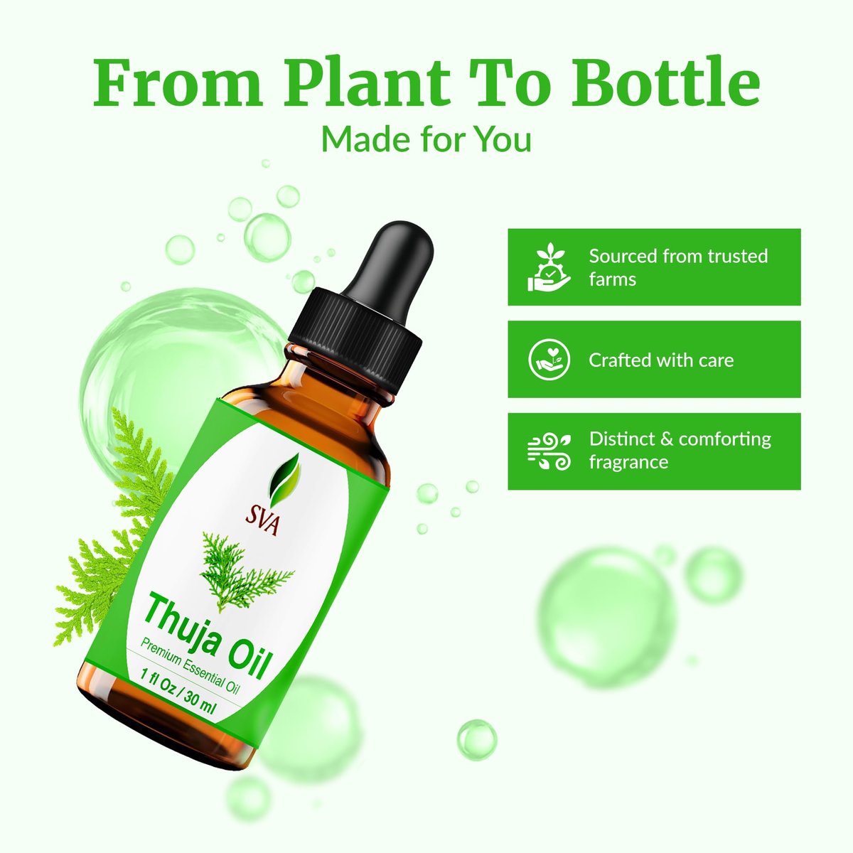 SVA Thuja Öl – 30 ml – 100% reines Thujaöl für Diffuser, Haarpflege, Gesicht, Hautpflege, Aromatherapie, Kopfhaut- und Körpermassage, Seifen- und Kerzenherstellung – mit Pipette