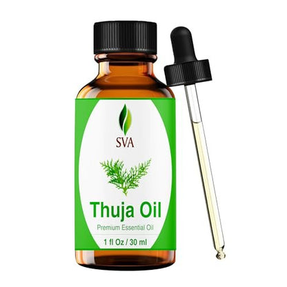 SVA Thuja Öl – 30 ml – 100% reines Thujaöl für Diffuser, Haarpflege, Gesicht, Hautpflege, Aromatherapie, Kopfhaut- und Körpermassage, Seifen- und Kerzenherstellung – mit Pipette