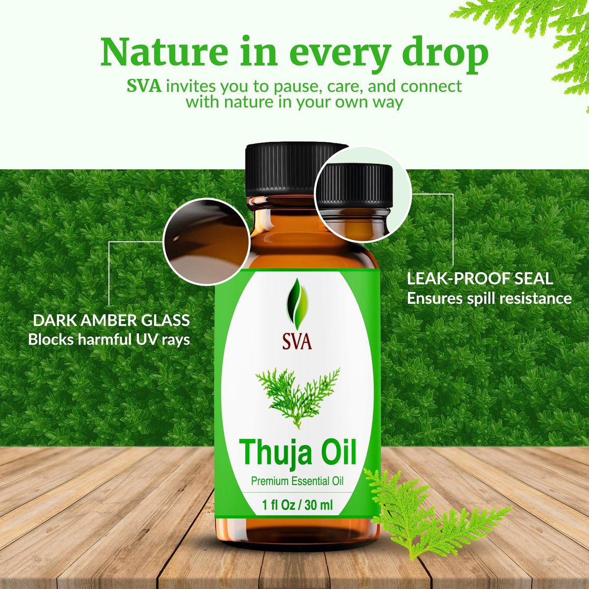 SVA Thuja Öl – 30 ml – 100% reines Thujaöl für Diffuser, Haarpflege, Gesicht, Hautpflege, Aromatherapie, Kopfhaut- und Körpermassage, Seifen- und Kerzenherstellung – mit Pipette