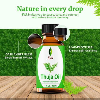 SVA Thuja Öl – 30 ml – 100% reines Thujaöl für Diffuser, Haarpflege, Gesicht, Hautpflege, Aromatherapie, Kopfhaut- und Körpermassage, Seifen- und Kerzenherstellung – mit Pipette