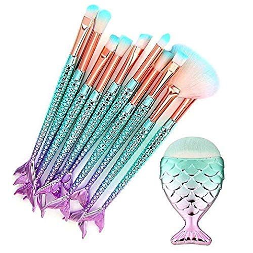 Funfunman Makeup Pinselset 11-teilig – Mermaid Colorful Foundation, Concealer, Lidschatten, Augenbrauen Pinsel