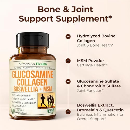 Glucosamin Chondroitin mit 1200mg hydrolysierten Kollagenpeptiden, Boswellia-Extrakt, Quercetin, Bromelain, MSM – Haar-, Haut-, Nagel- und Gelenkergänzung für Frauen und Männer – FSA-berechtigt 120 Kapseln