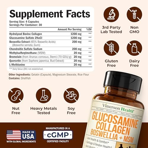 Glucosamin Chondroitin mit 1200mg hydrolysierten Kollagenpeptiden, Boswellia-Extrakt, Quercetin, Bromelain, MSM – Haar-, Haut-, Nagel- und Gelenkergänzung für Frauen und Männer – FSA-berechtigt 120 Kapseln