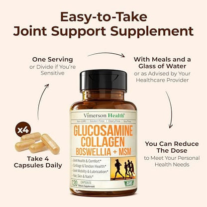Glucosamin Chondroitin mit 1200mg hydrolysierten Kollagenpeptiden, Boswellia-Extrakt, Quercetin, Bromelain, MSM – Haar-, Haut-, Nagel- und Gelenkergänzung für Frauen und Männer – FSA-berechtigt 120 Kapseln
