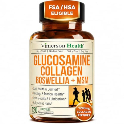 Glucosamin Chondroitin mit 1200mg hydrolysierten Kollagenpeptiden, Boswellia-Extrakt, Quercetin, Bromelain, MSM – Haar-, Haut-, Nagel- und Gelenkergänzung für Frauen und Männer – FSA-berechtigt 120 Kapseln