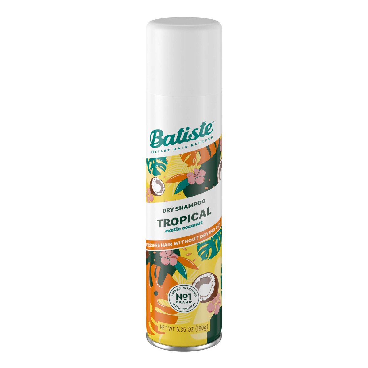 Batiste Trockenshampoo, Tropical Duft – Erfrischt das Haar und absorbiert Öl zwischen den Haarwäschen, wasserloses Shampoo für mehr Textur und Volumen, 180 ml Dose