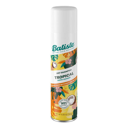Batiste Trockenshampoo, Tropical Duft – Erfrischt das Haar und absorbiert Öl zwischen den Haarwäschen, wasserloses Shampoo für mehr Textur und Volumen, 180 ml Dose