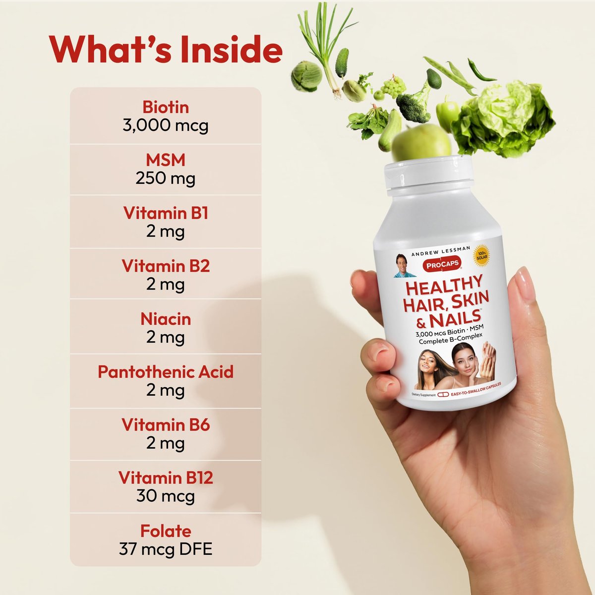 ANDREW LESSMAN Gesunde Haare, Haut und Nägel 60 Kapseln - 3000 mcg hochbioaktives Biotin, B-Komplex. Fördert schöne Haut, starke Nägel. Ohne Zusätze. Haarwachstums-Vitamine Biotin-Ergänzung