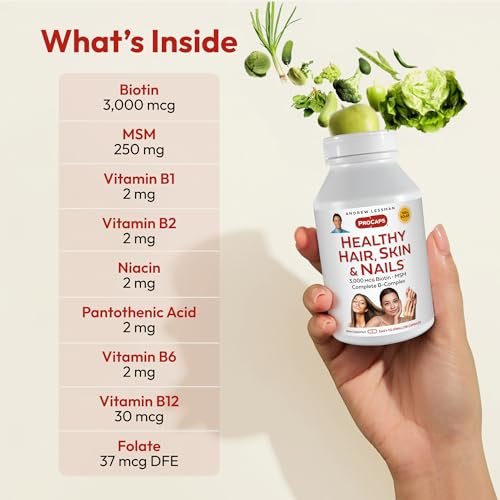 ANDREW LESSMAN Gesunde Haare, Haut und Nägel 60 Kapseln - 3000 mcg hochbioaktives Biotin, B-Komplex. Fördert schöne Haut, starke Nägel. Ohne Zusätze. Haarwachstums-Vitamine Biotin-Ergänzung