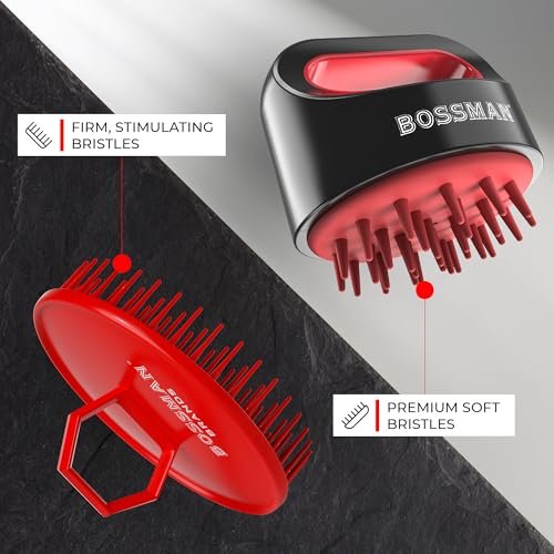 Bossman Kopfhautmassagegerät & Shampoo-Bürste (7,6 cm, Rot) – Kopfhautpeelingbürste – Kopfscrubber, Bartpeeling & Schuppenkontrolle für Haare und Bart mit festen Borsten