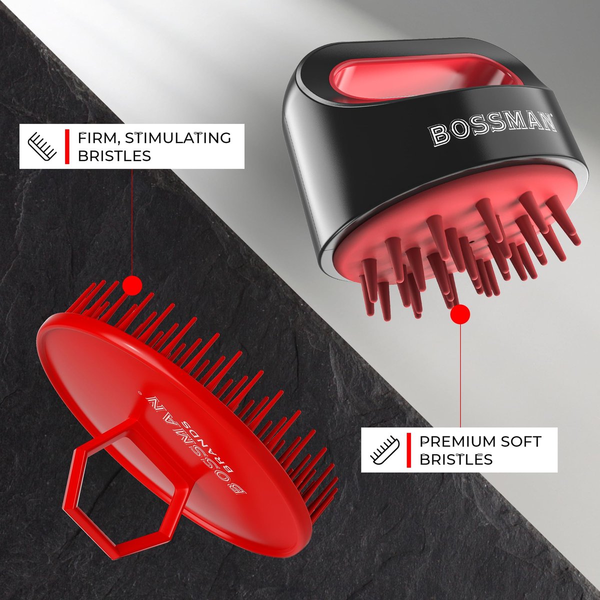 Bossman Kopfhautmassagegerät & Shampoo-Bürste (7,6 cm, Rot) – Kopfhautpeelingbürste – Kopfscrubber, Bartpeeling & Schuppenkontrolle für Haare und Bart mit festen Borsten