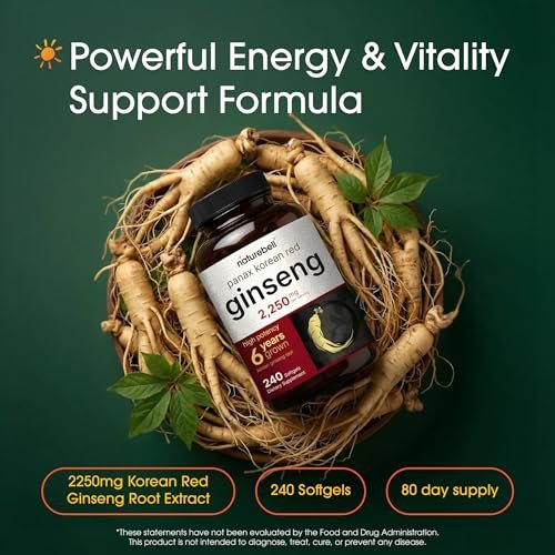 NatureBell Panax Koreanischer Roter Ginseng – Langzeitvorrat mit 240 Softgels – 2.250 mg sechsjähriger roter Panax-Ginseng-Wurzelextrakt – Energie- und Immununterstützung* – standardisiert mit 10 % Ginsenosiden