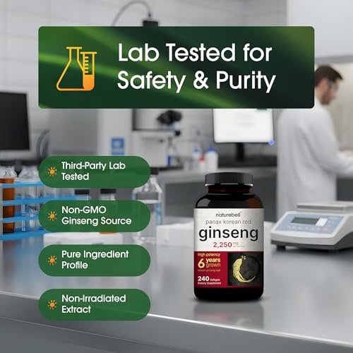 NatureBell Panax Koreanischer Roter Ginseng – Langzeitvorrat mit 240 Softgels – 2.250 mg sechsjähriger roter Panax-Ginseng-Wurzelextrakt – Energie- und Immununterstützung* – standardisiert mit 10 % Ginsenosiden