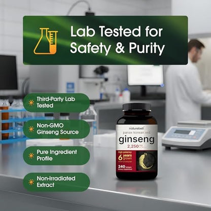 NatureBell Panax Koreanischer Roter Ginseng – Langzeitvorrat mit 240 Softgels – 2.250 mg sechsjähriger roter Panax-Ginseng-Wurzelextrakt – Energie- und Immununterstützung* – standardisiert mit 10 % Ginsenosiden
