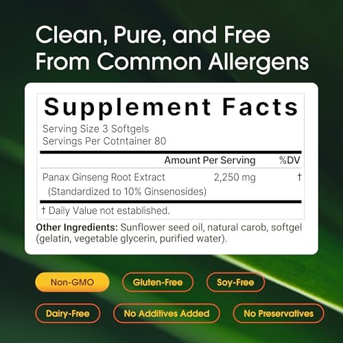 NatureBell Panax Koreanischer Roter Ginseng – Langzeitvorrat mit 240 Softgels – 2.250 mg sechsjähriger roter Panax-Ginseng-Wurzelextrakt – Energie- und Immununterstützung* – standardisiert mit 10 % Ginsenosiden