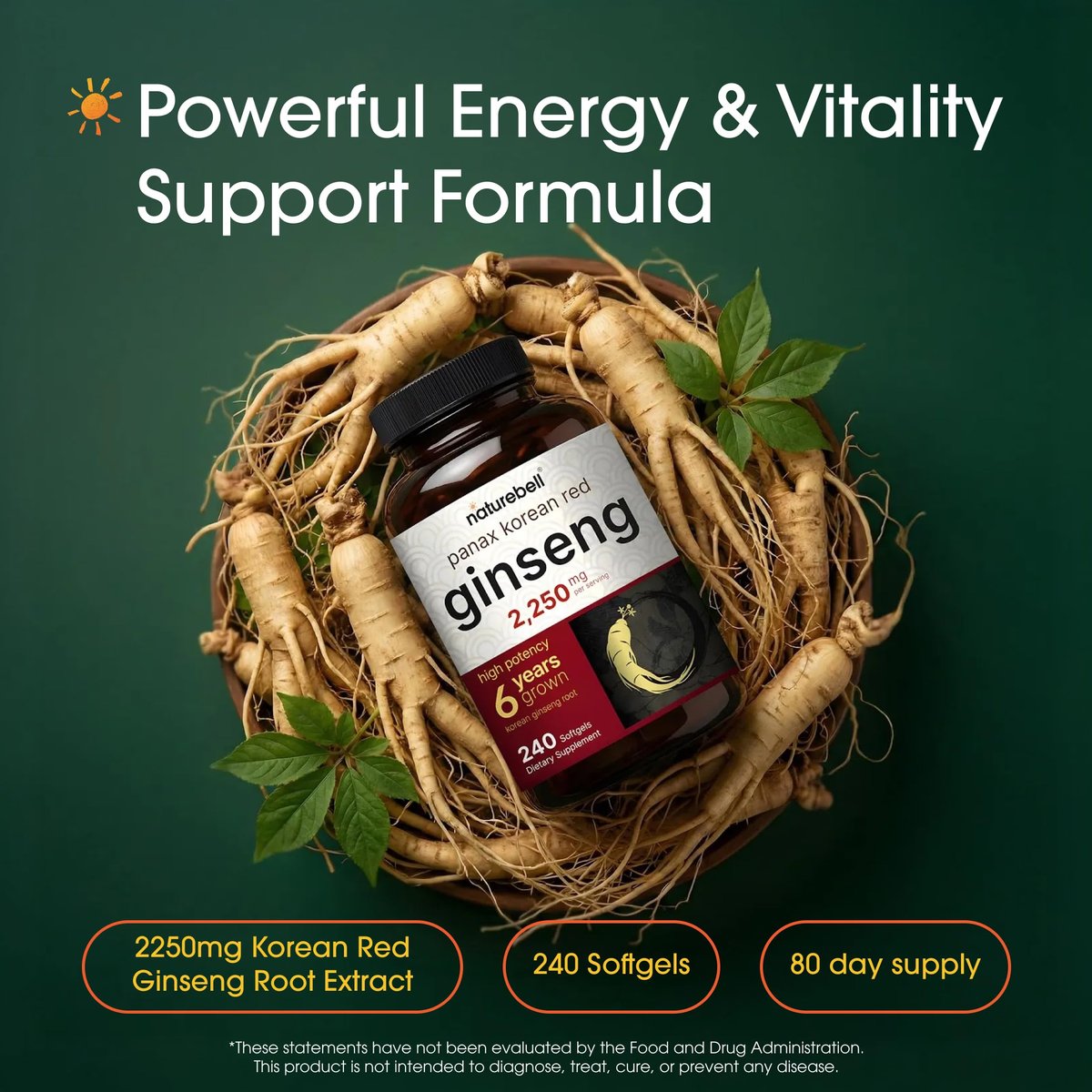 NatureBell Panax Koreanischer Roter Ginseng – Langzeitvorrat mit 240 Softgels – 2.250 mg sechsjähriger roter Panax-Ginseng-Wurzelextrakt – Energie- und Immununterstützung* – standardisiert mit 10 % Ginsenosiden