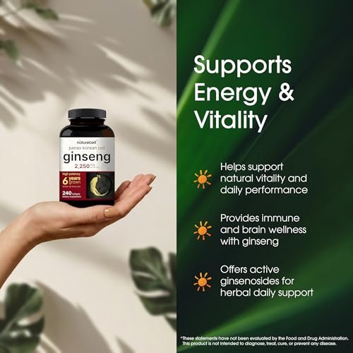 NatureBell Panax Koreanischer Roter Ginseng – Langzeitvorrat mit 240 Softgels – 2.250 mg sechsjähriger roter Panax-Ginseng-Wurzelextrakt – Energie- und Immununterstützung* – standardisiert mit 10 % Ginsenosiden