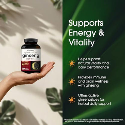 NatureBell Panax Koreanischer Roter Ginseng – Langzeitvorrat mit 240 Softgels – 2.250 mg sechsjähriger roter Panax-Ginseng-Wurzelextrakt – Energie- und Immununterstützung* – standardisiert mit 10 % Ginsenosiden