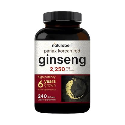 NatureBell Panax Koreanischer Roter Ginseng – Langzeitvorrat mit 240 Softgels – 2.250 mg sechsjähriger roter Panax-Ginseng-Wurzelextrakt – Energie- und Immununterstützung* – standardisiert mit 10 % Ginsenosiden