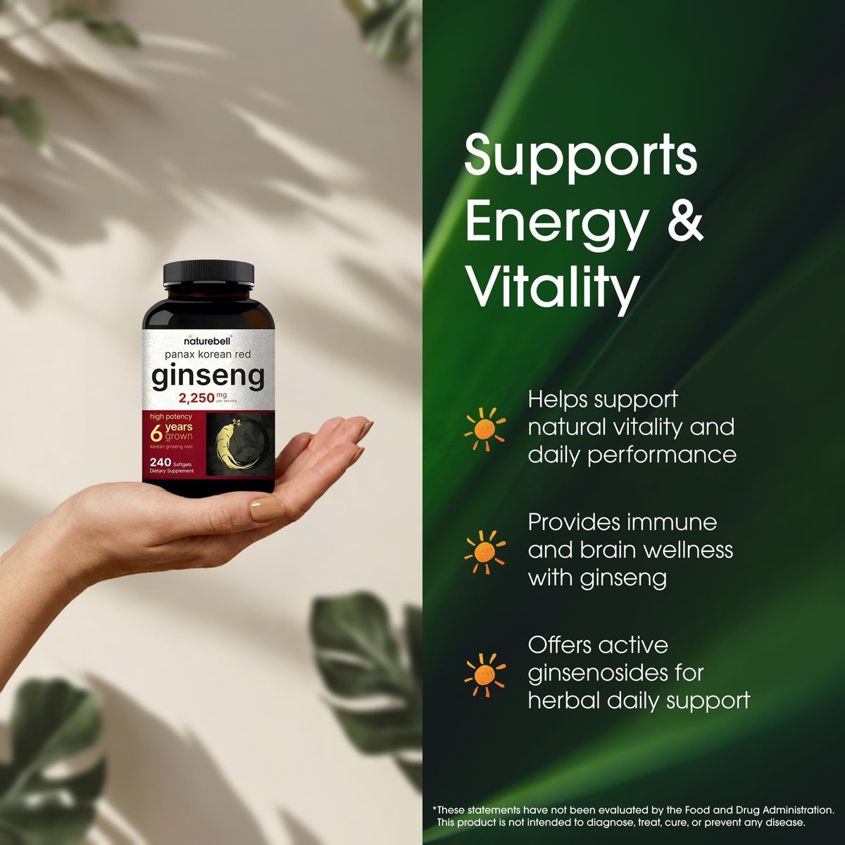 NatureBell Panax Koreanischer Roter Ginseng – Langzeitvorrat mit 240 Softgels – 2.250 mg sechsjähriger roter Panax-Ginseng-Wurzelextrakt – Energie- und Immununterstützung* – standardisiert mit 10 % Ginsenosiden