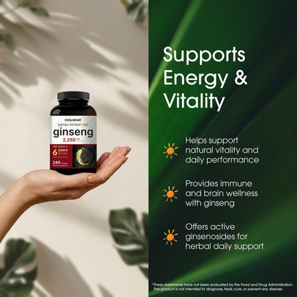 NatureBell Panax Koreanischer Roter Ginseng – Langzeitvorrat mit 240 Softgels – 2.250 mg sechsjähriger roter Panax-Ginseng-Wurzelextrakt – Energie- und Immununterstützung* – standardisiert mit 10 % Ginsenosiden