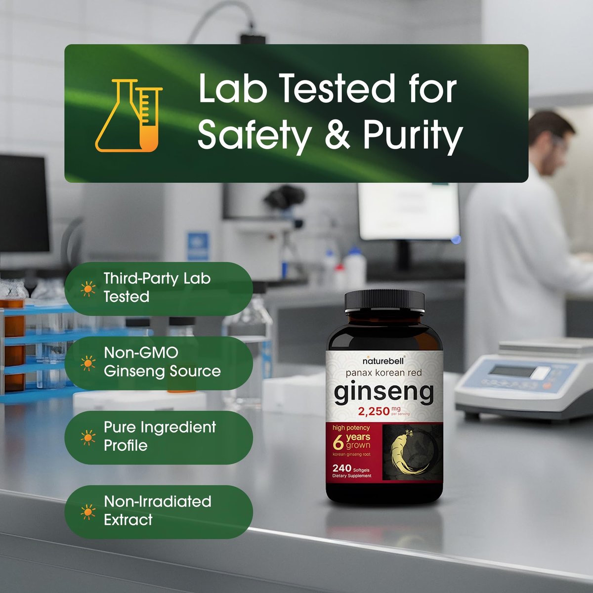NatureBell Panax Koreanischer Roter Ginseng – Langzeitvorrat mit 240 Softgels – 2.250 mg sechsjähriger roter Panax-Ginseng-Wurzelextrakt – Energie- und Immununterstützung* – standardisiert mit 10 % Ginsenosiden