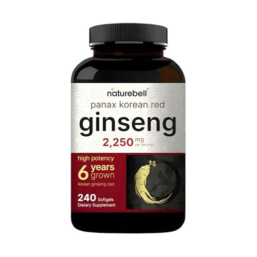 NatureBell Panax Koreanischer Roter Ginseng – Langzeitvorrat mit 240 Softgels – 2.250 mg sechsjähriger roter Panax-Ginseng-Wurzelextrakt – Energie- und Immununterstützung* – standardisiert mit 10 % Ginsenosiden