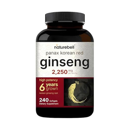 NatureBell Panax Koreanischer Roter Ginseng – Langzeitvorrat mit 240 Softgels – 2.250 mg sechsjähriger roter Panax-Ginseng-Wurzelextrakt – Energie- und Immununterstützung* – standardisiert mit 10 % Ginsenosiden