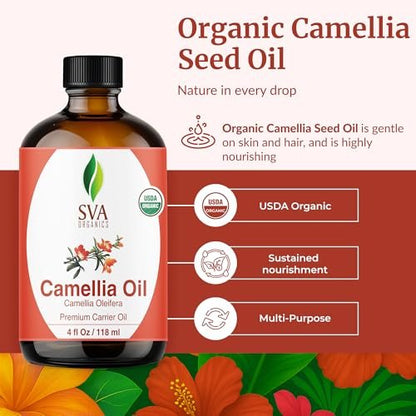 SVA Bio Camelliaöl Organisch - 118 ml – 100% Naturreines Kaltgepresstes Bio-Camellienöl – Für Gesicht, Hautpflege, Haarpflege, Kopfhautmassage & Körpermassage – Trägeröl mit Pipette