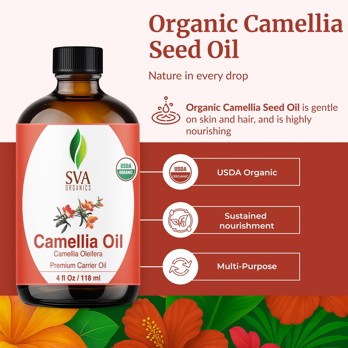 SVA Bio Camelliaöl Organisch - 118 ml – 100% Naturreines Kaltgepresstes Bio-Camellienöl – Für Gesicht, Hautpflege, Haarpflege, Kopfhautmassage & Körpermassage – Trägeröl mit Pipette