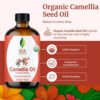 SVA Bio Camelliaöl Organisch - 118 ml – 100% Naturreines Kaltgepresstes Bio-Camellienöl – Für Gesicht, Hautpflege, Haarpflege, Kopfhautmassage & Körpermassage – Trägeröl mit Pipette