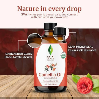 SVA Bio Camelliaöl Organisch - 118 ml – 100% Naturreines Kaltgepresstes Bio-Camellienöl – Für Gesicht, Hautpflege, Haarpflege, Kopfhautmassage & Körpermassage – Trägeröl mit Pipette