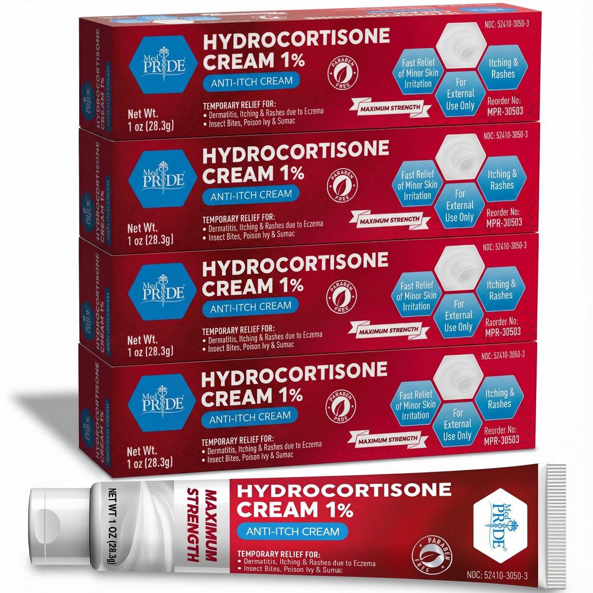 MED Pride Hydro Cortison Creme 1% OTC – 4er-Pack mit je 30 g – Anti-Juckreiz-Salbe gegen Ausschlag, Ekzeme, Insektenstiche
