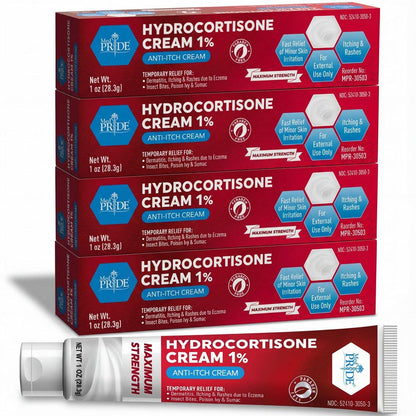 MED Pride Hydro Cortison Creme 1% OTC – 4er-Pack mit je 30 g – Anti-Juckreiz-Salbe gegen Ausschlag, Ekzeme, Insektenstiche