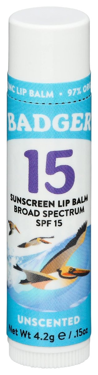 Badger Sonnencreme Lippenbalsam SPF 15, Organischer Mineralischer Sonnenschutz Lippenbalsam mit Zinkoxid, Riffreundlich, Breitspektrum, Wasserbeständig, Ungiftig, 0,15 oz