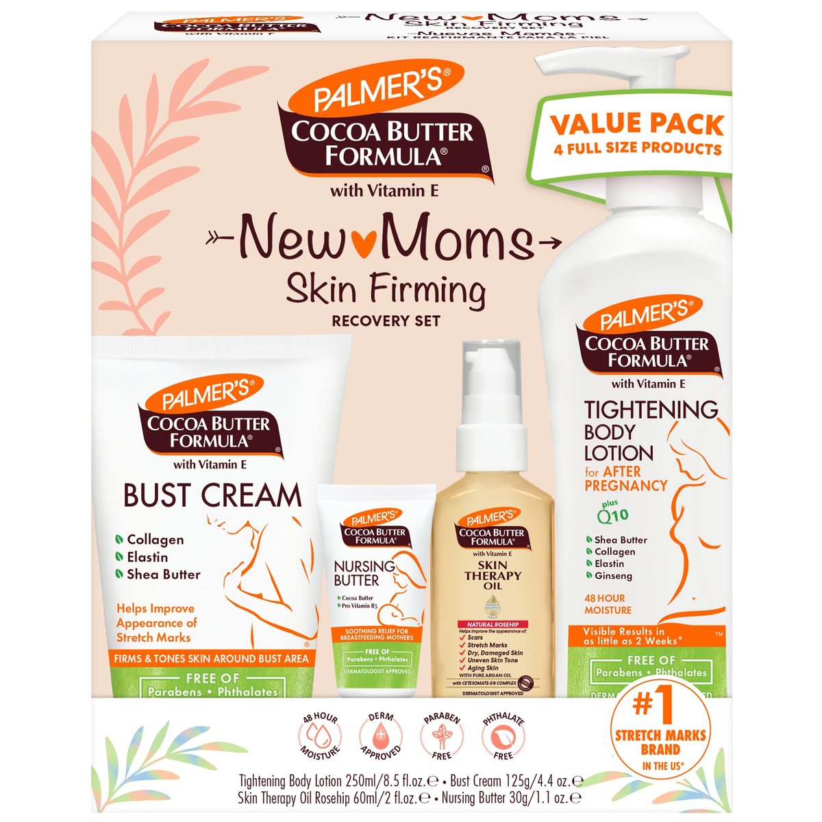 Palmer's Cocoa Butter Formula New Moms Skin Recovery Postpartum Essentials Set – Körperlotion (240 ml), Stillbutter (31 g), Busencreme (125 ml) & Hauttherapie-Öl (59 ml) – von Dermatologen empfohlen