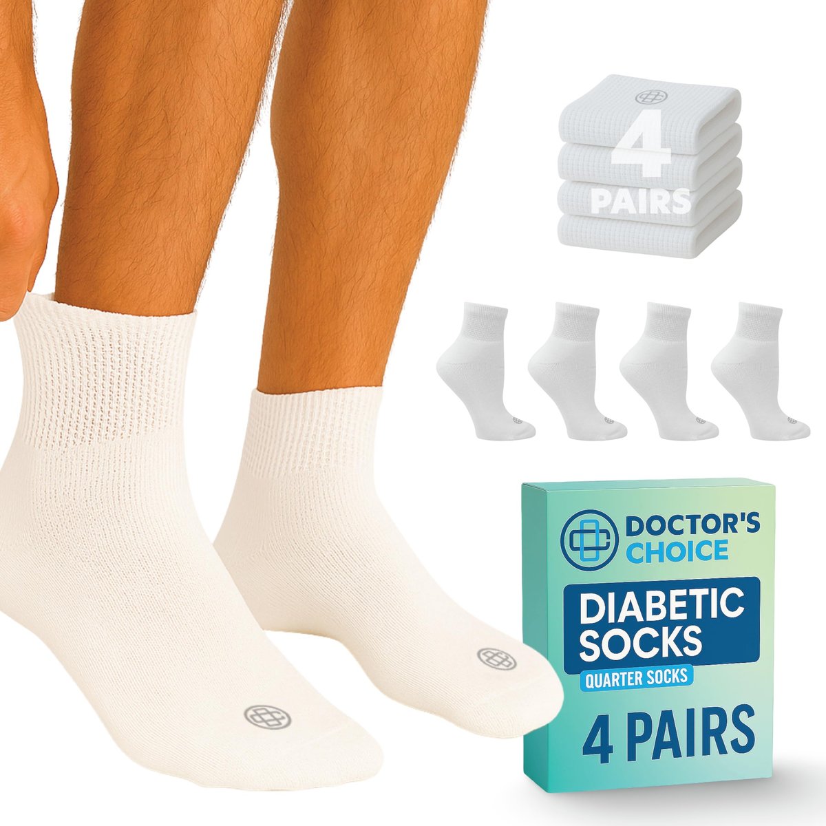 Doctor's Choice Diabetikersocken für Herren, Nahtlose Knöchelsocken mit nicht einschnürendem Bund, Extra Komfort bei Gicht, 4 Paar, Weiß, Large, Größe 10-13