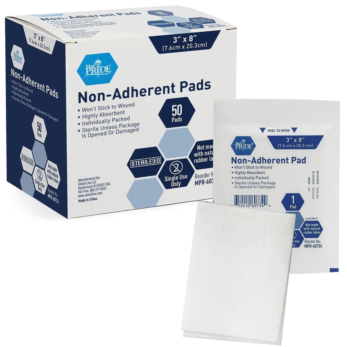 MED PRIDE Sterile Nichtklebende Wundauflagen, saugfähig und nicht haftend, schmerzfreier Verbandwechsel, einzeln verpackt (3x8 Zoll, 50 Stück)