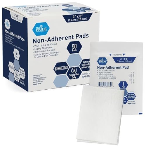 MED PRIDE Sterile Nichtklebende Wundauflagen, saugfähig und nicht haftend, schmerzfreier Verbandwechsel, einzeln verpackt (3x8 Zoll, 50 Stück)