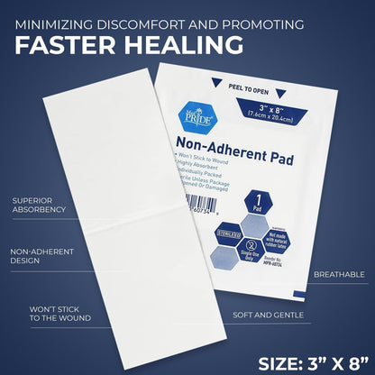 MED PRIDE Sterile Nichtklebende Wundauflagen, saugfähig und nicht haftend, schmerzfreier Verbandwechsel, einzeln verpackt (3x8 Zoll, 50 Stück)