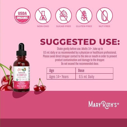 MaryRuth Organics Vitamin B Komplex | B-Vitamine Komplex | Biotin | Vitamin B12 | Niacin | Folat | Stoffwechselunterstützung | Vegan | USDA Organic | Non-GMO | Glutenfrei | 2-Monatsvorrat