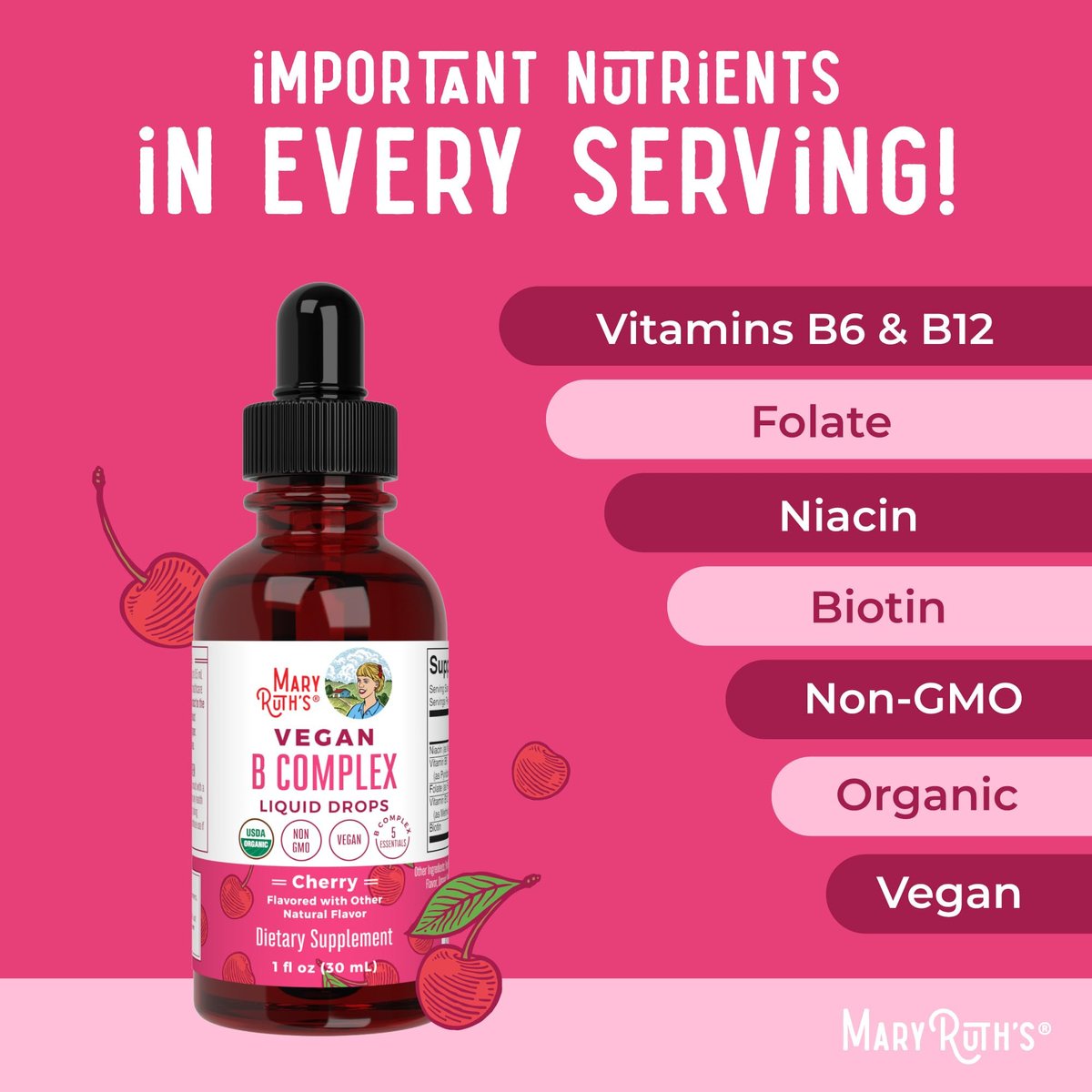 MaryRuth Organics Vitamin B Komplex | B-Vitamine Komplex | Biotin | Vitamin B12 | Niacin | Folat | Stoffwechselunterstützung | Vegan | USDA Organic | Non-GMO | Glutenfrei | 2-Monatsvorrat