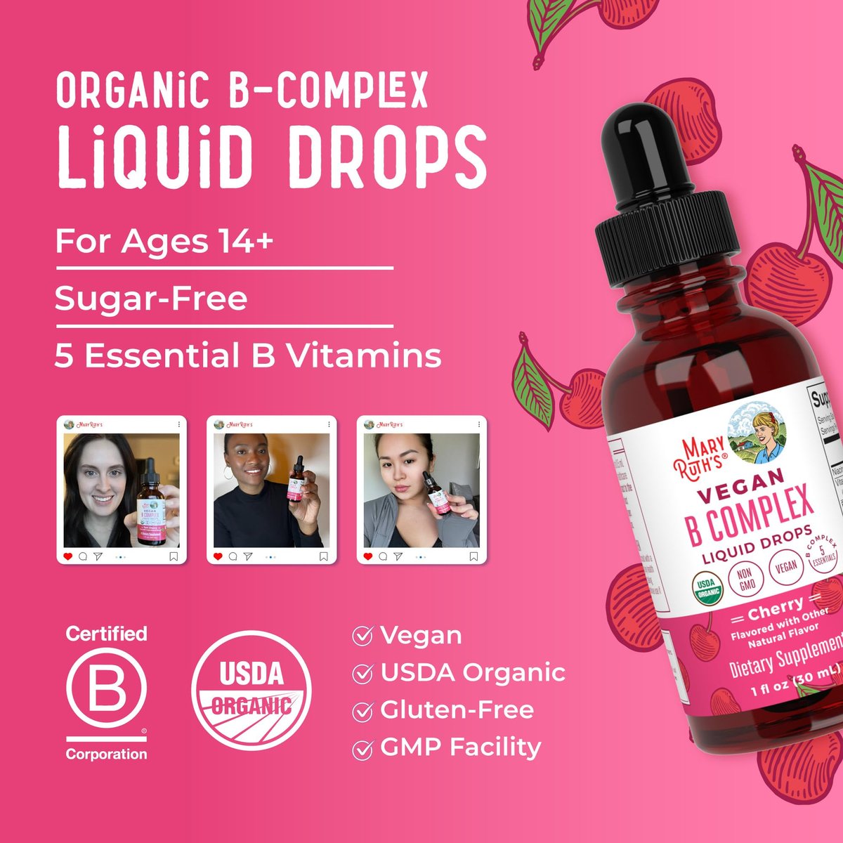 MaryRuth Organics Vitamin B Komplex | B-Vitamine Komplex | Biotin | Vitamin B12 | Niacin | Folat | Stoffwechselunterstützung | Vegan | USDA Organic | Non-GMO | Glutenfrei | 2-Monatsvorrat