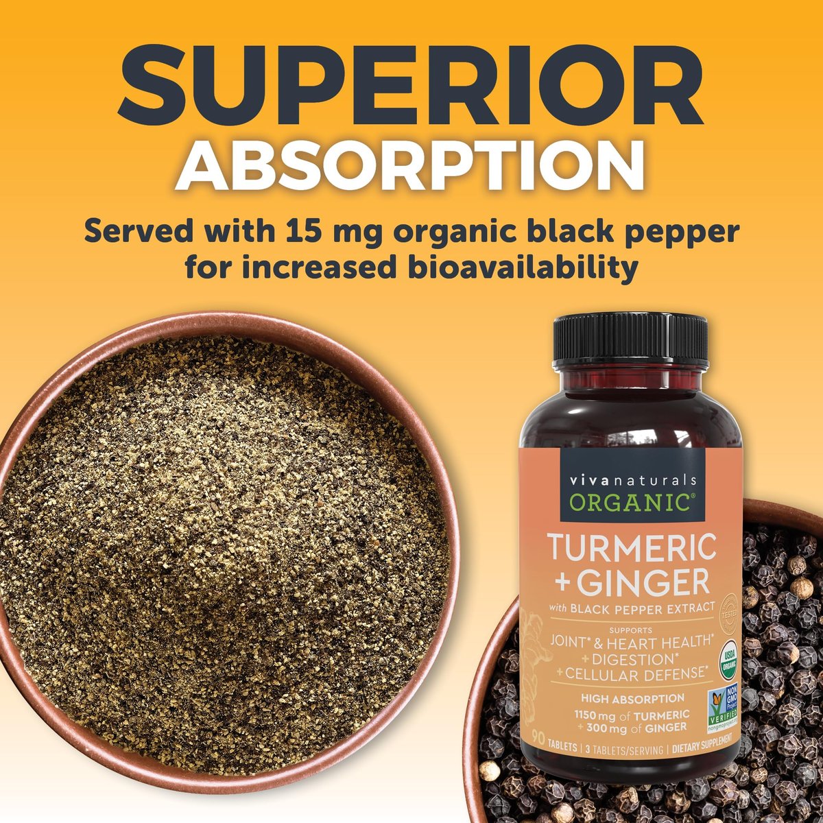 Viva Naturals Kurkuma & Ingwer Kapseln mit Schwarzem Pfeffer für bessere Absorption – Bio Kurkuma Curcumin für Gelenk-, Herz- und Verdauungsgesundheit, Non-GMO – 120 Tabletten